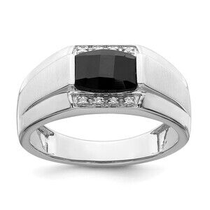 14k White Gold Genuine Fine Jewelry Polished & Satin Onyx & Diamond Mens Ring